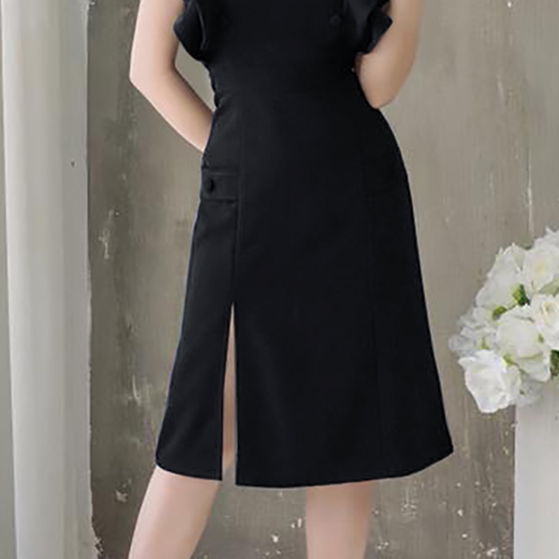 Women Sexy Black Split Dress Sheath Ruffles Butterfly Sleeve Bodycon Square Collar Lady Fashion Party 210506