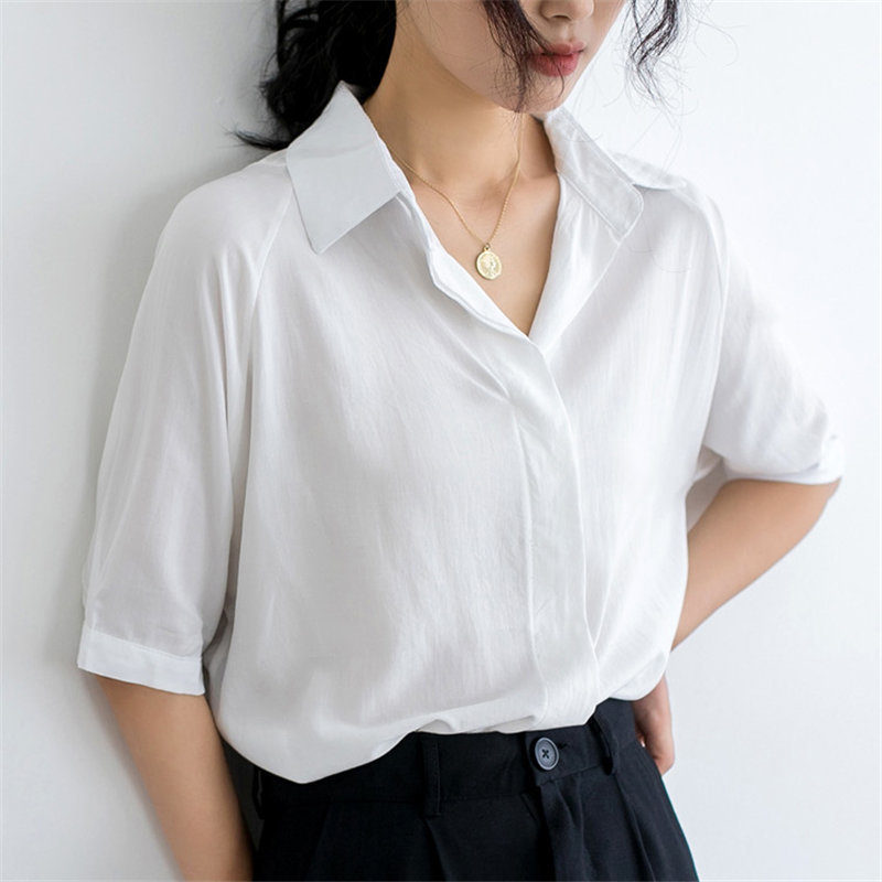 Office Lady Short Sleeves Formal Shirt Streetwear Women's OL Minimalist Vintage Chiffon Solid Large Size Shirts 210421