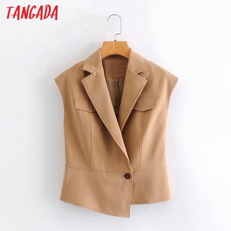 Women Vintage Khaki Vest Notched Collar Sleeveless Female Waistcoat Tops 2G18 210416