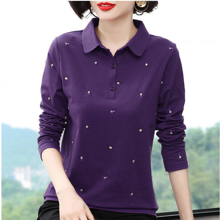 Cotton Long Sleeve T-shirts Women Spring Fashion Lapel Button Floret Embroidery Thin Polo Tshirt Ladies Loose Bottoming Tops 210522