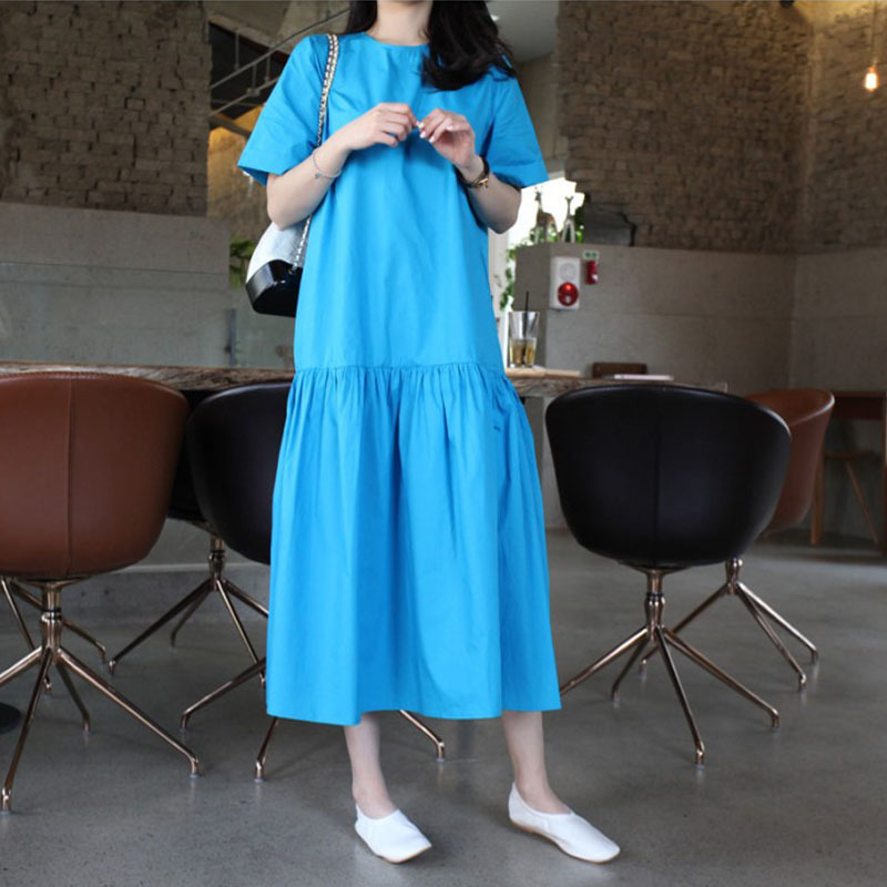 Summer Short Sleeve Blue Dress Women's Korean Version Loose Large Size Medium Length Ruffle Dresses 2D1666 210526