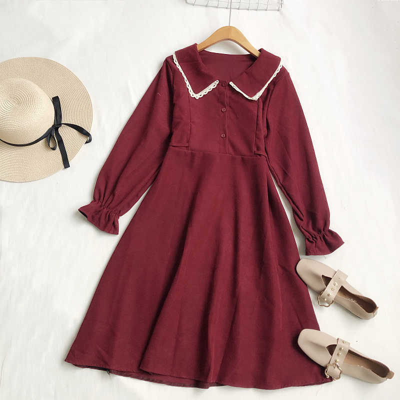 LY VAREY LIN Spring Autumn Women Peter Pan Collar Dress Lace Flare Sleeve Waist Down Bandage Slim Corduroy 210526