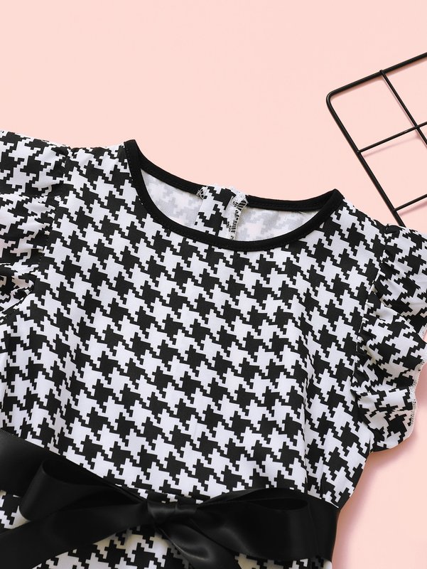 Toddler Girls Ruffle Trim Belted Houndstooth Dress SHE
