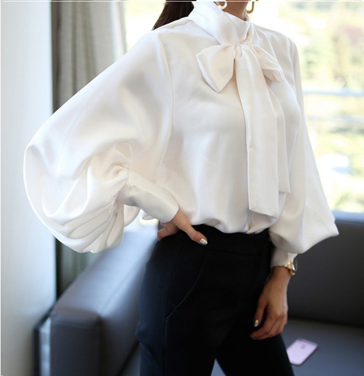Pure White Bow Tie Blouse Chiffon Women Office Shirt Lantern Sleeve Blouses Blusas Femininas Formal Ladies Tops 210519