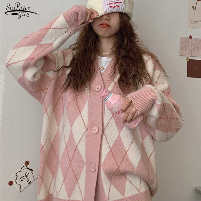 Korean Oversize Cardigan Tops Women Knitted Sweater Argyle Cardigan Loose Single Breasted Students V-neck Lovely Knitwear 17068 211014