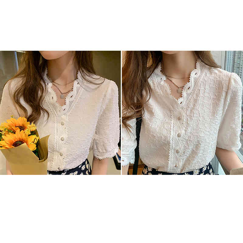 Vintage Puff Sleeve White V-Collar Chiffon Blouse Lace with Button Lady's Top Short Slim Cardigan Shirts Blusa 10051 210506