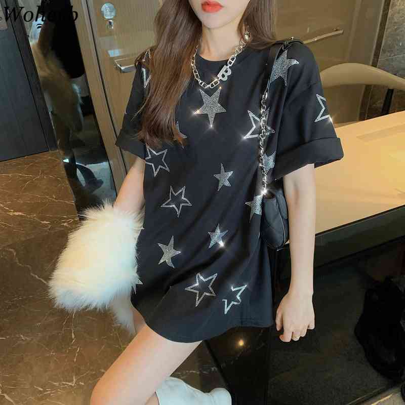 Woheb Casual Loose Long T-shirt Women Star Sequined Patch Summer Black White Short Sleeve T Shirts Harajuku Korean Tops 210519
