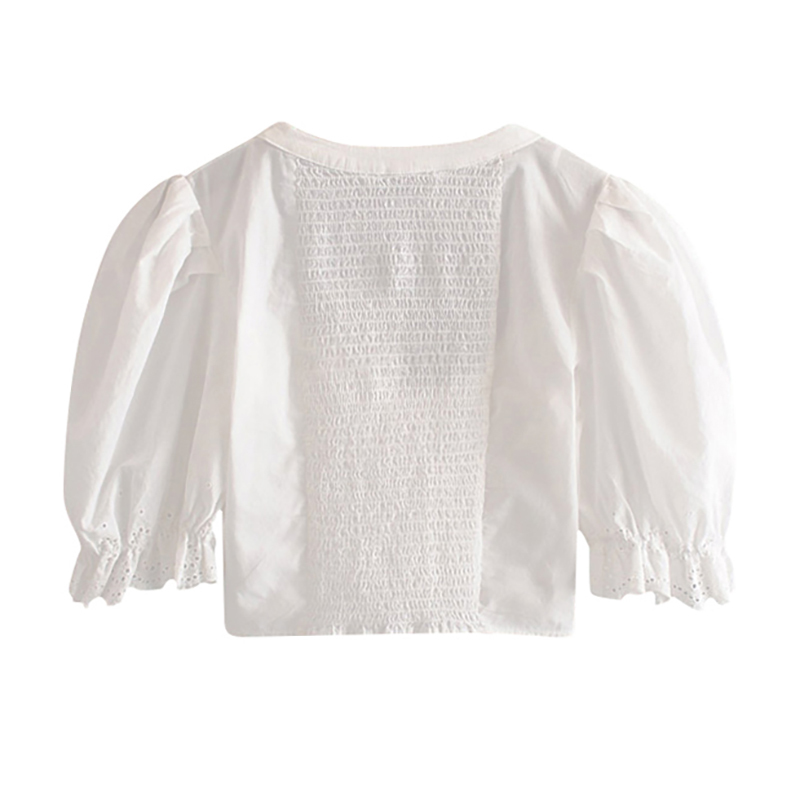 Women Chic Embroidery Patchwork White Blouse Summer Pearl Puff Short Sleeve Stylish Blouses Holiday Cotton Shirt Female 210515