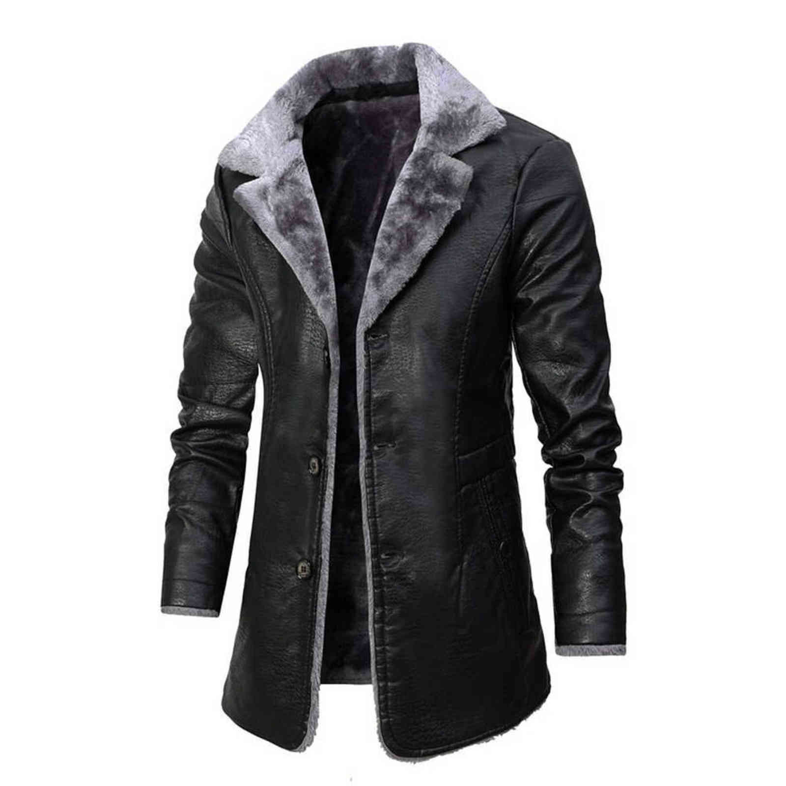 Men Long Fleece Leather Jacket Winter Casual Thick Parkas Male Outfit Warm Vintage Pocket Breasted Faux Leather Jackets Coat 211110