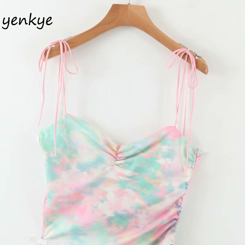 Tie-dye Print Sling Sexy Dress Romantic Women Backless Sleeveless Side Drawstring Asymmetric Dress Satin Chiffon Summer Dress 210515