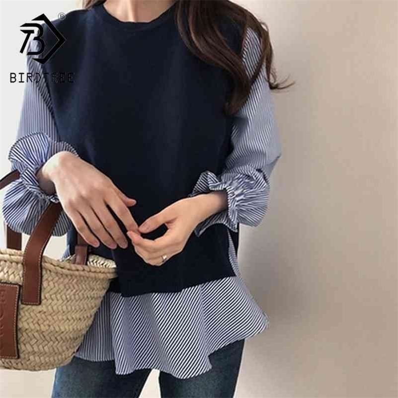 Spring Women Ruffled Long Sleeve Shirt+O Neck Pullover Sleeveless Vest Office Casual Knitted Vests Two Pieces Set T9D924M 210707