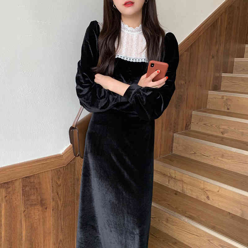 Neploe Maxi Dresses for Women Chic Stand Neck Lace Patchwork Vestidos Slim Waist Elegant Vintage Velvet Robe Dress Femme 4G322 210422