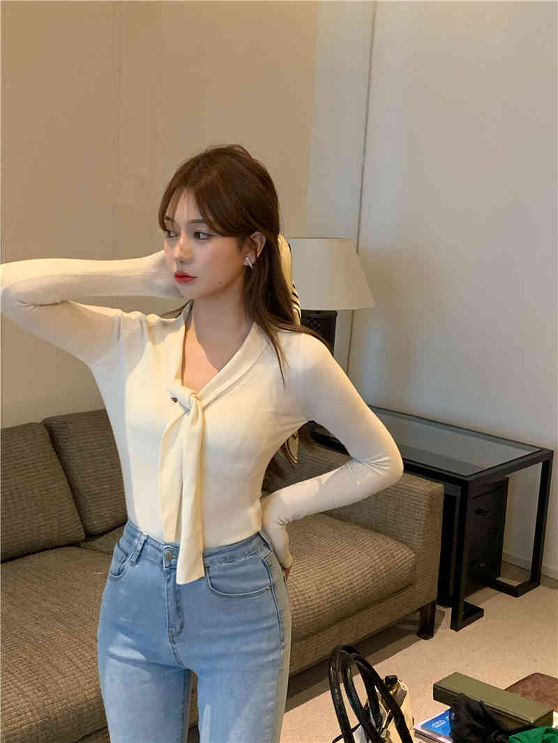 2 colors autumn korean style women slim tops tie collar solid color long Sleeve t-shirt Womens Tees shirt femme (R99440) 210508