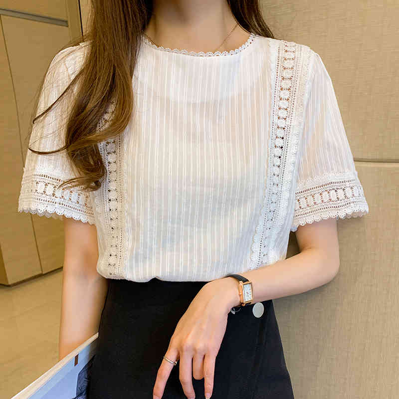 Summer White Pink Shirt Korean Style Women Short Sleeve Hollow Out Lace Blouse Solid Elegant Office Lady Tops Blusas 9602 210506