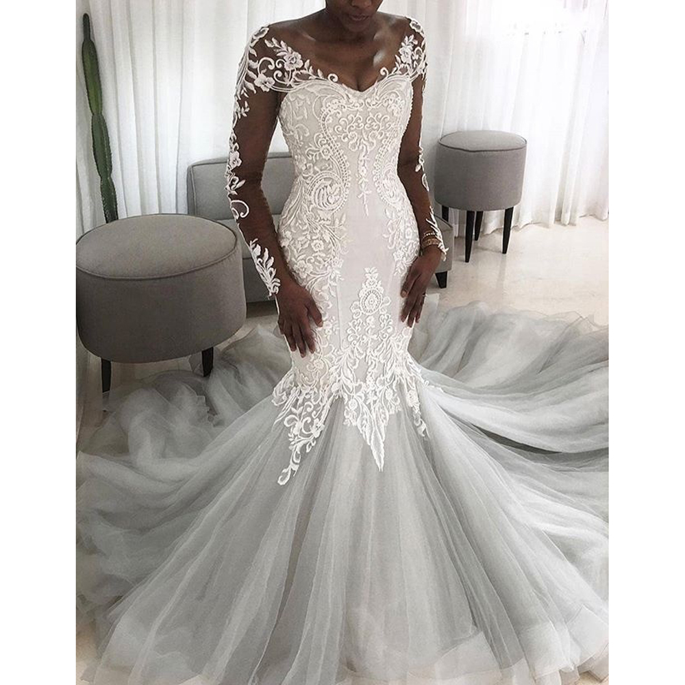 African Lace Mermaid Wedding Dresses Bridal Gowns robe de soiree Illusion Back Ivory Tulle Princess Long Train Bride Dress with Full Sleeves Appliqued