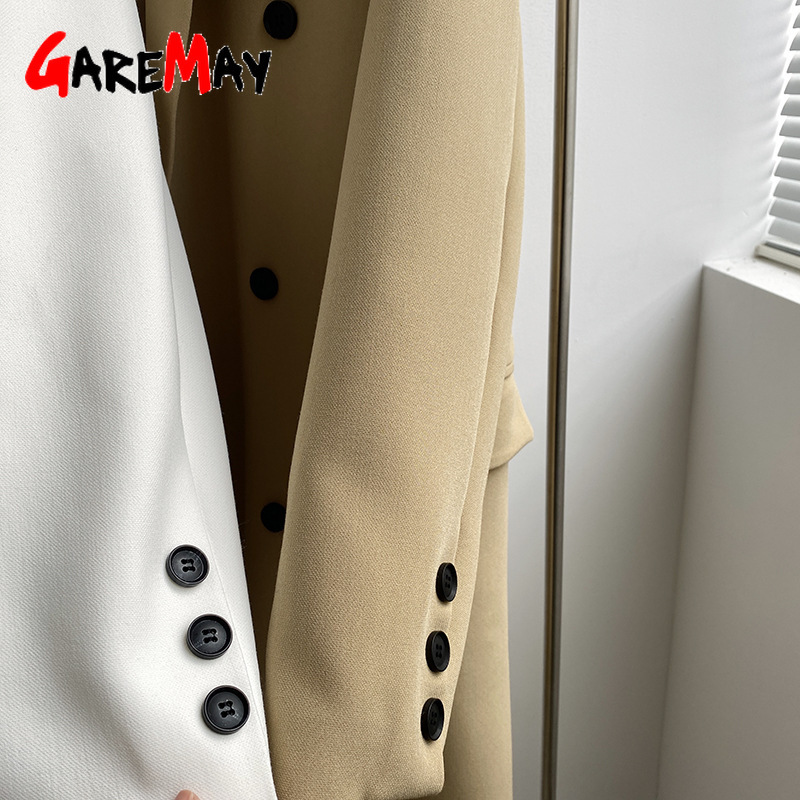 Women's Blazers Fashion Khaki Blazer Casual with Buttons Elegant V Neck Vintage Suit Jacket Long Female Oversize Classic 210428