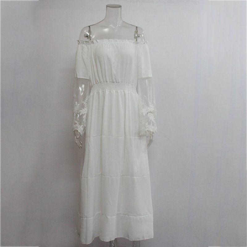New Fashion Off Shoulder White Lace Dress Lady Shirt Dress Long Sleeve Casual Dresses Elegant Midi Dress Robe 210415