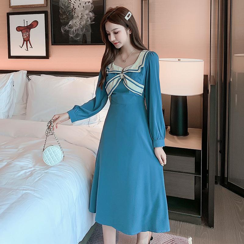 Spring Korean 2021 Blue Elegant Dress Women Vintage Bow Maxi Full Sleeve Casual Work Dresses