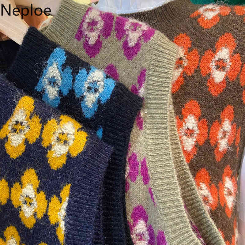 Neploe Korean Fashion Sweater Vest Ropa Mujer Vintage Floral Plaid Knitted Pullovers Tops O-neck Seeveless Loose Jumper Tank 210422
