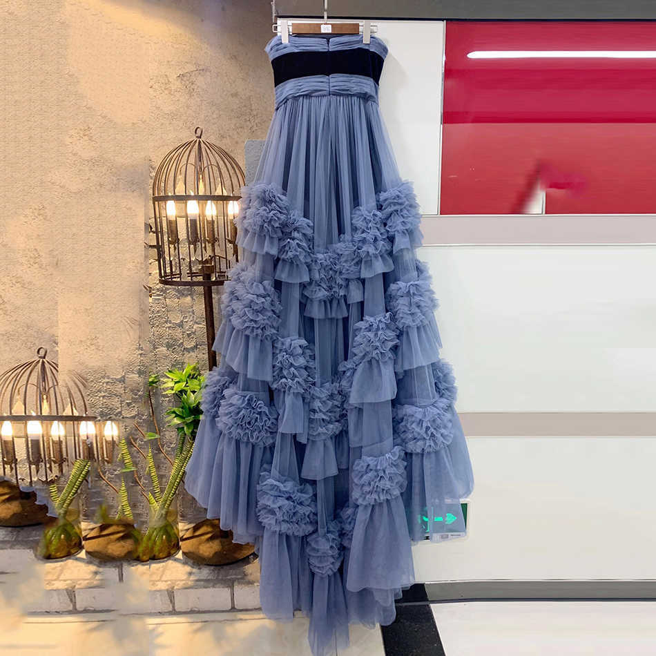 Women's Fluffy Layered Ruffled Strapless High Quality Bridal Dress Irregular Floor Long Stitching Sexy Party 210527