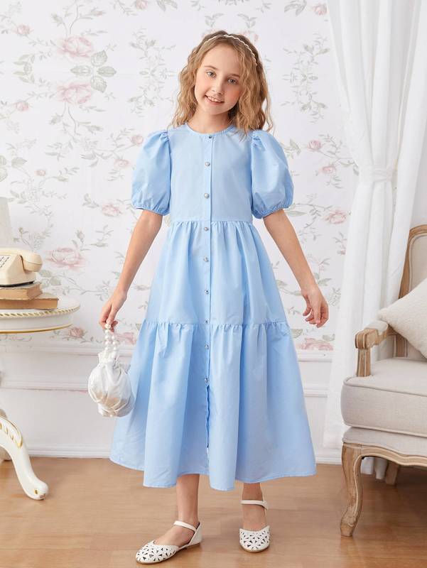 Girls Button Front Ruffle Hem Dress SHE