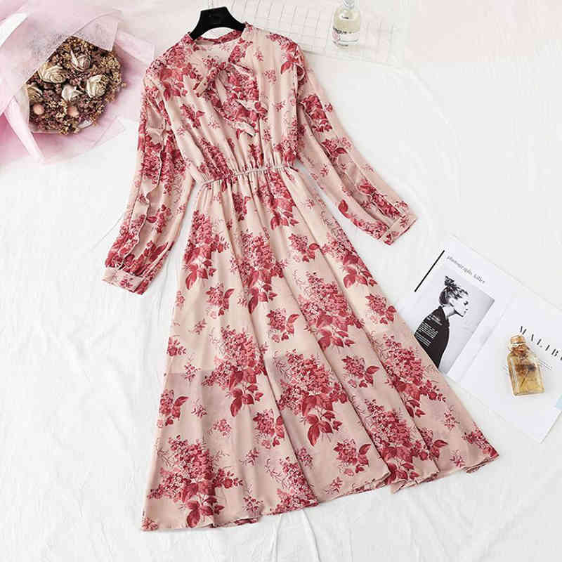 Spring Summer Women Chiffon Dresses Bow Casual Long Sleeve Floral Print Midi Dress Elegant Party Dress Vestidos Mujer 210521
