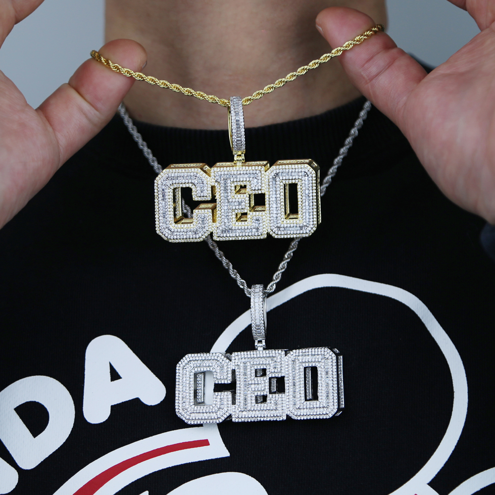 New styles hip hop Letter CEO shadow Charm Pendant Necklace with Rope chain Gold Silver Paved Full cz stone Punk styles jewelry wholesale stock