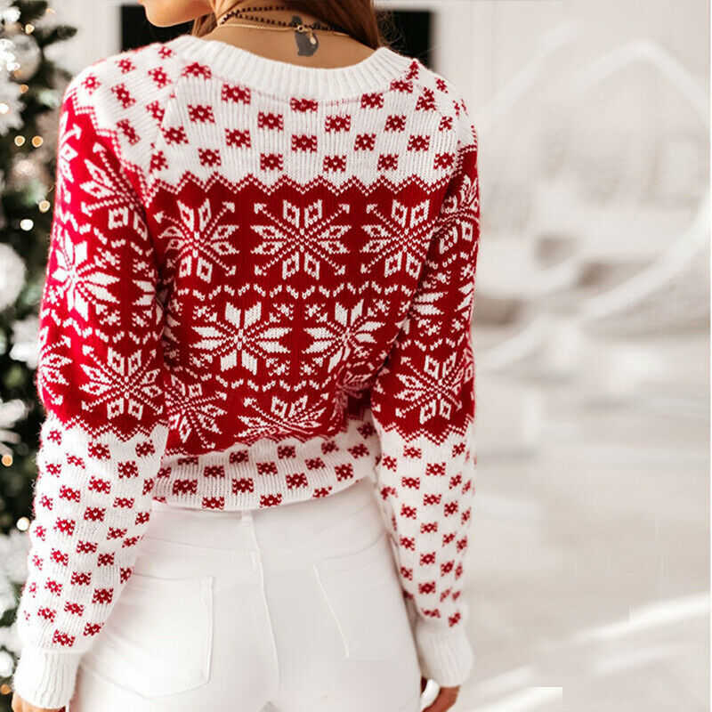 Christmas Sweater Women Spring Autumn Knitted Sweaters Snowflake Elk Print Ladies Jumper Pullovers Xmas Sweaters Female 210528