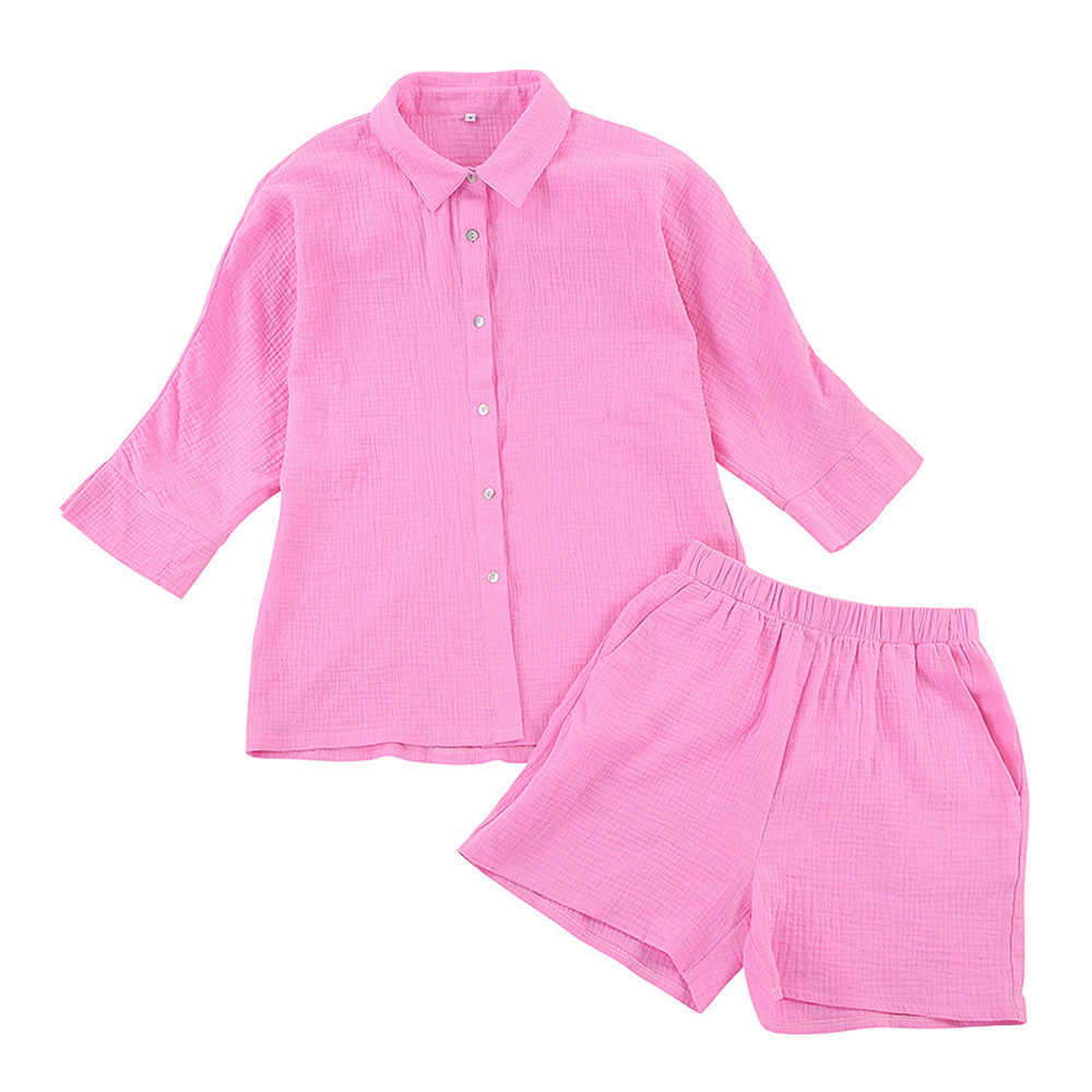 Cotton Pajamas For Women Sets Suit Casual Sleepwear Turn-Down Collar Nine Quarter Sleeve Sleep Tops Shorts Female Homewear 210924