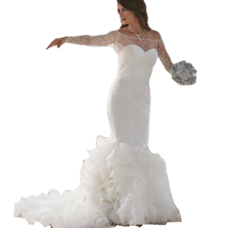 Gorgeous Tiered Ruffles Mermaid Wedding Dresses For Bride 2022 Lace Long Sleeves Bateau Neck Trumpet Wedding Gowns Modern Ivory Bridal Dress Tailor Ma