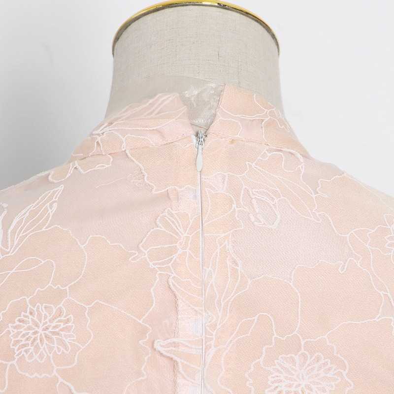 Spring Summer Hook Flower Hollow Vestidos Bowknot Neckline Solid High Waist Slim Dress Fashion Temperament Femme Robe 210525