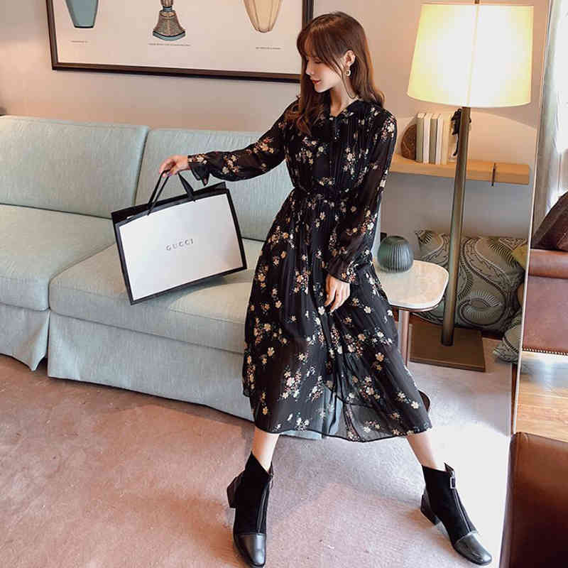 Spring Summer Women Chiffon Dresses Casual Long Sleeve Floral Print Party Dress Female Vintage Loose Pleated Dress Vestidos 210521