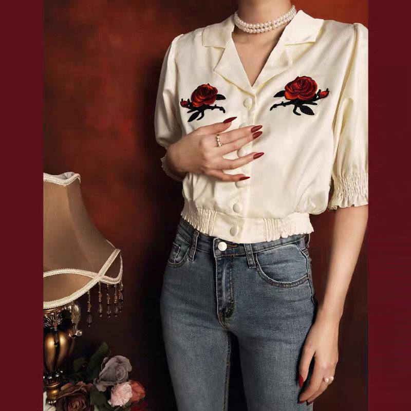 vintage rose flower embroidery white short puff sleeve single breasted casual daily shirt woman young blouse blusen damen 210421