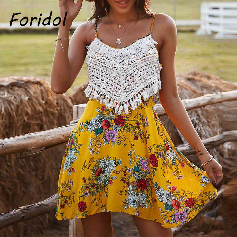 Casual Women Floral Print Summer Dress Backless Crochet White Beach Boho Dress Elegant Chic Mini Dress Vestidos De Mujer 210415