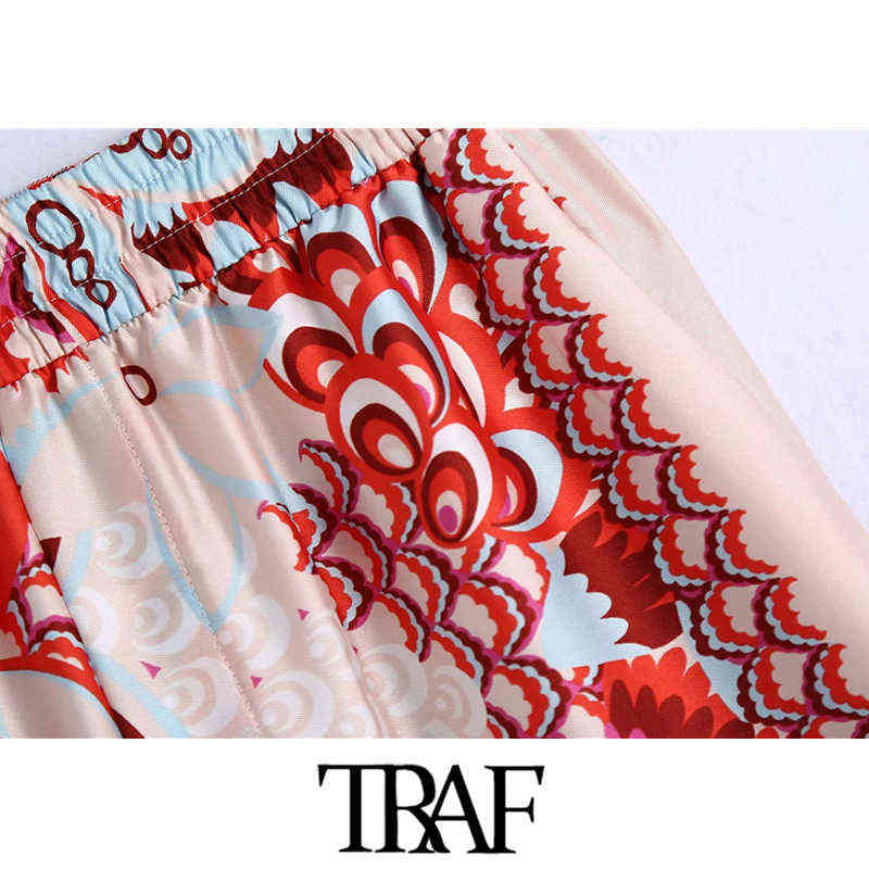 TRAF Women Chic Fashion Patchwork Floral Print Wide Leg Pants Vintage High Elastic Waist Female Ankle Trousers Mujer 211115