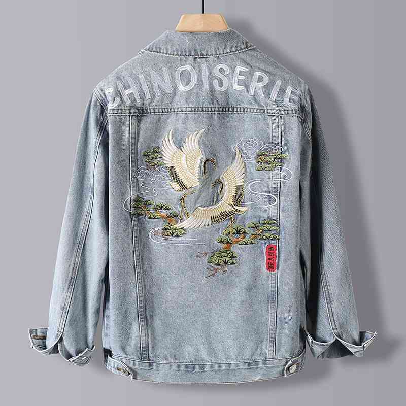 Autumn new denim jacket men's versatile Chinese style embroidery tide brand 2021 spring and autumn jacket slim denim, Blue 
Autumn new denim jacket men's versatile Chinese style embroidery tide brand 2021 spring and autumn jacket slim denim, Blue