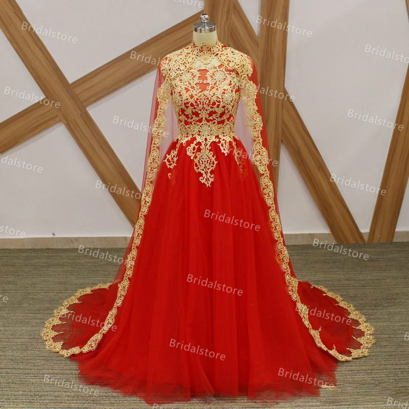 Red Dubai Arabic Muslim Evening Dress With Caped Elegant A Line Tulle Gold Lace Long Prom Dresses Women Caftan Party Graduation Gowns Robe Soirée De M