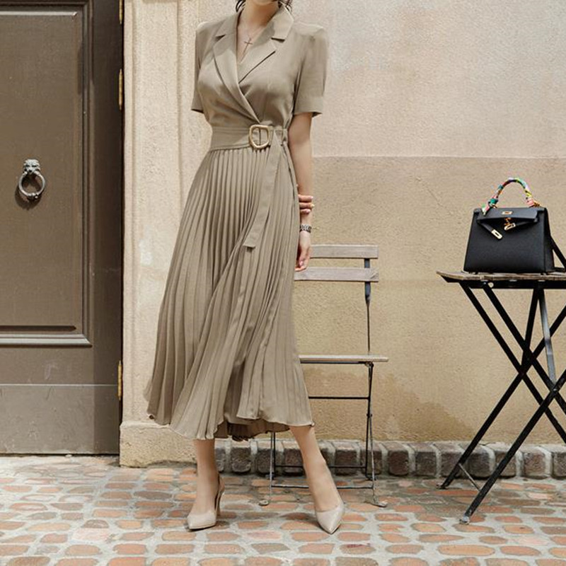 Summer Dress Women OL Elegant Short Sleeve Solid Suit Collar Office Ladies Professional Pleated Long Dresses 210421