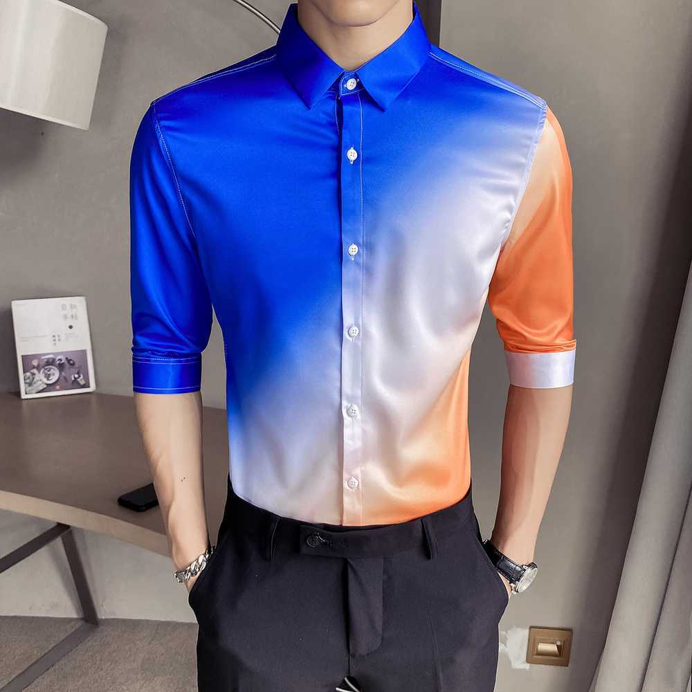 Summer Half Sleeve Shirts Men Gradient Printed Slim Fit Casual Shirt Male Business Formal Dress Shirts Social Party Blouse 210527