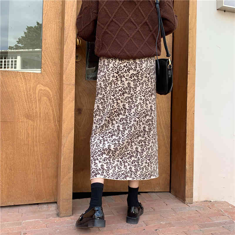 Autumn Winter High Waist Vintage Floral Print Knitted Skirt Female OL Elegant Fashion A-line Long Skirts Womens 210421