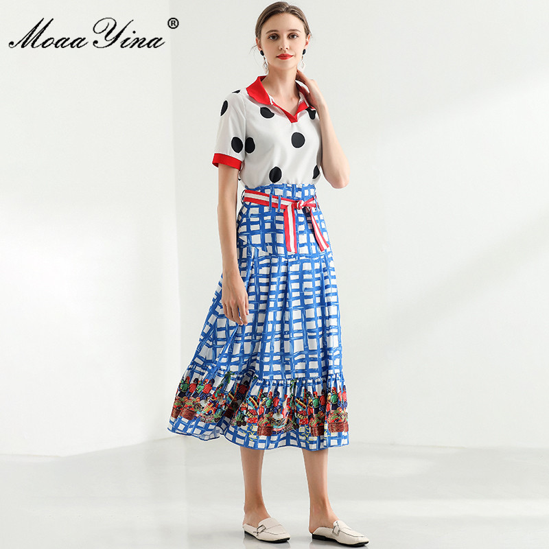 Summer Fashion Blue Skirts Sets Women's Casual polka dot Tops and Floral print Midi Plaid 2 Pieces Suit 210524