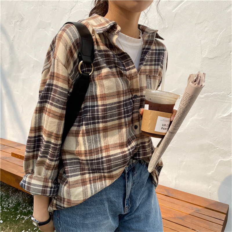 Shirt Women Formal Basic Office Ladies Tops Loose Casual Long Sleeve Plaid Blouse Female Blusas Camisas Mujer 210421