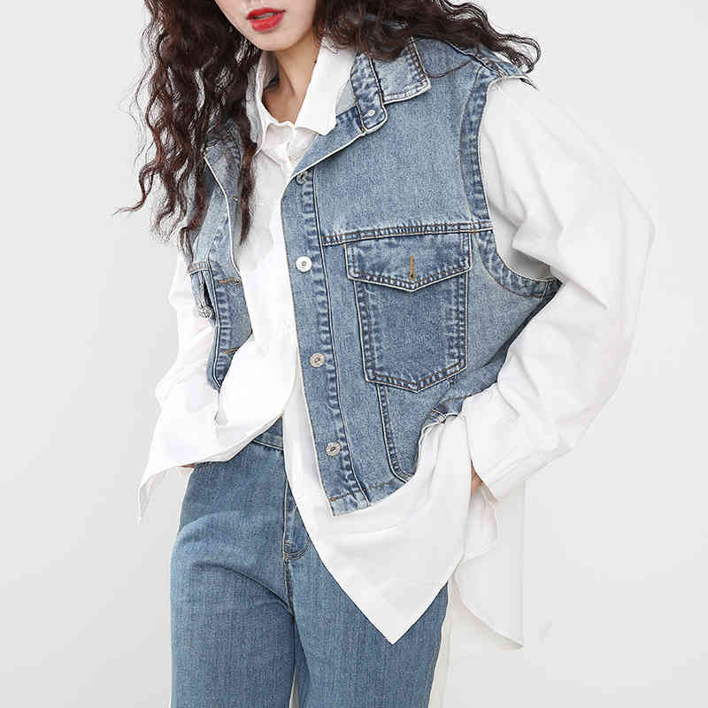 [EAM] Women White Irregular Denim Big Size Blouse Lapel Long Sleeve Loose Fit Shirt Fashion Spring Summer 1X25500 210512