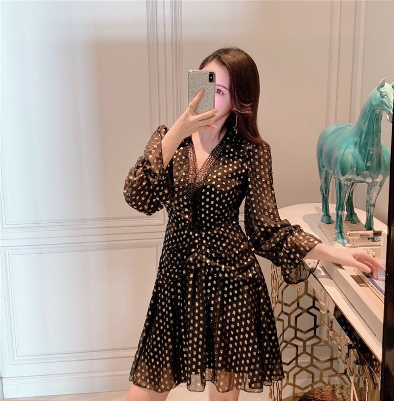 Women Fashion Polka Dot Sleeveless V-neck Print Dress One-piece Dresses dot stitching elegant Ruffle dress 210506
