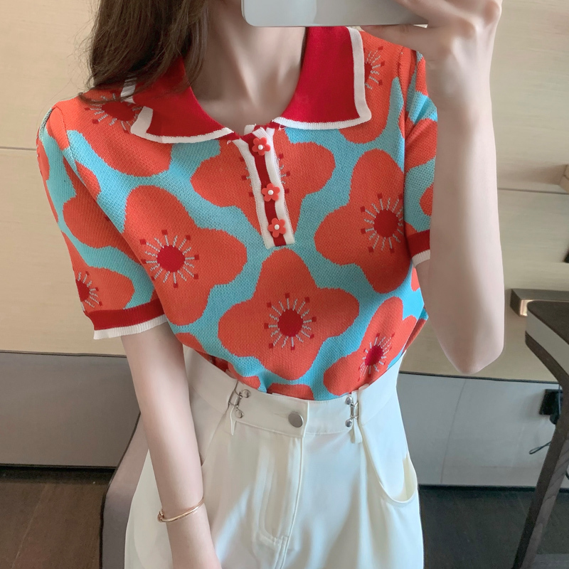 Korea Chic Summer Temperament Elegant Sweet Flowers Turn Down Collar Short Sleeve Pullover Knitted Sweaters Women's Tops 210518