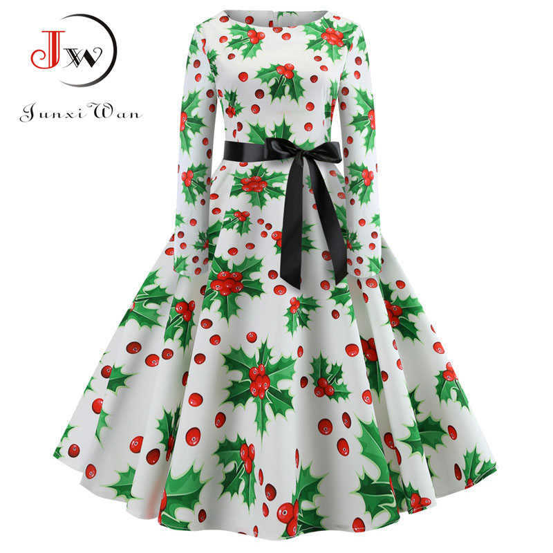 Women Elegant Christmas Dress Long Sleeve Print Vintage Belt Party Dress Snowflake White Autumn Winter Bodycon Dresses Vestidos 210625
