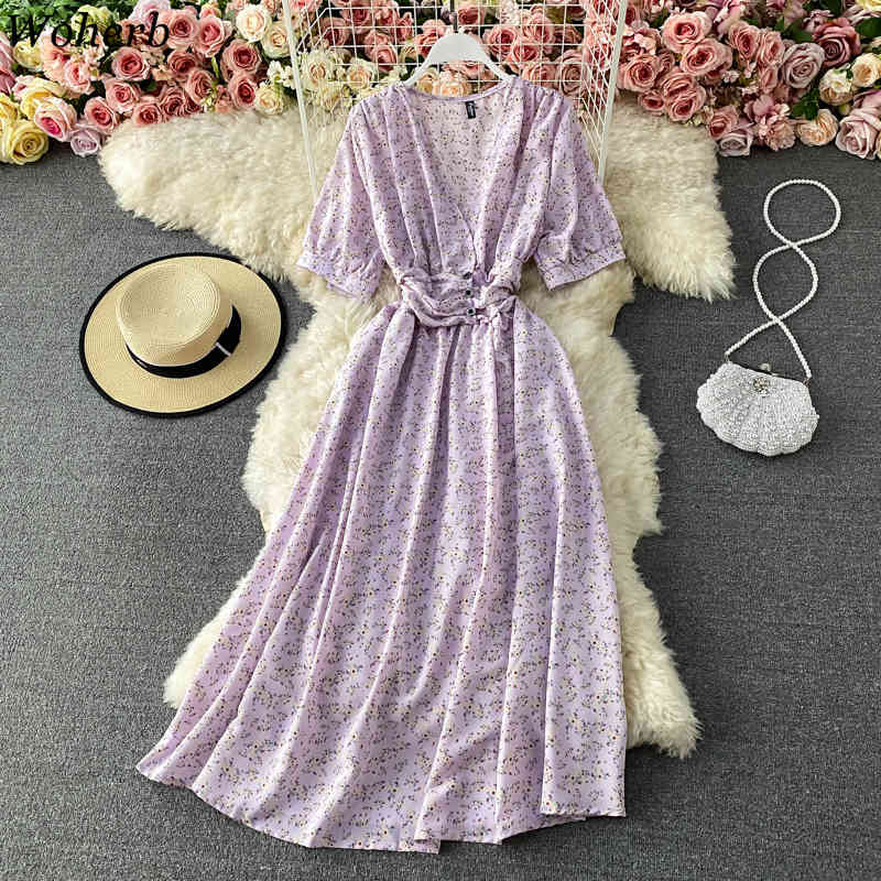 A-line V-neck Slim Waist Dress Women Elegant Sweet Floral Print Spring Summer Korean Maix Vestidos Chic Robe 210519