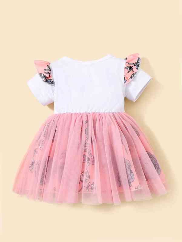 Baby Floral & Slogan Graphic Bow Front Ruffle Trim Mesh Hem Dress SHE
