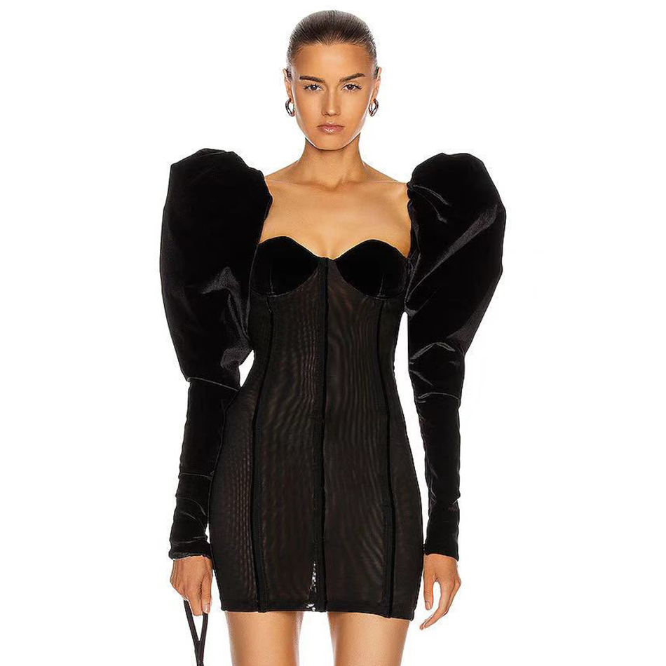 Summer Women Black Long Puff Sleeve Mini Bodycon Velvet Dress Sexy Off Shouler Club Celebrity Runway Party 210423