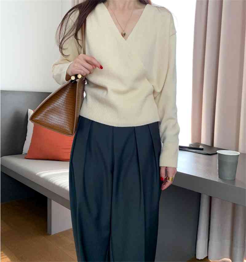 Autumn Winter Elegant Sweater Office Lady Work Pullovers V-Neck Long Sleeve Loose Knitted Sweaters Women's Tops 210421